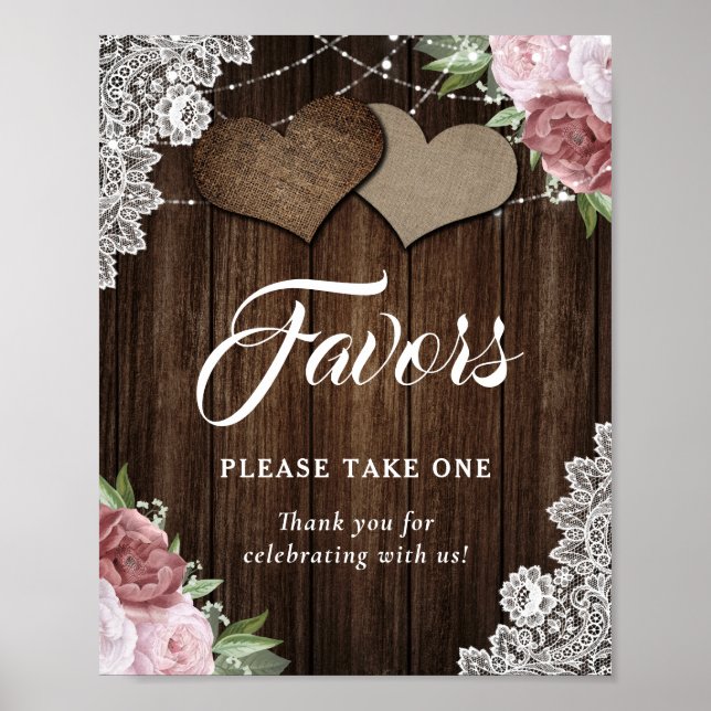 Rustic Blush Pink Floral Wedding Favour Sign (Front)