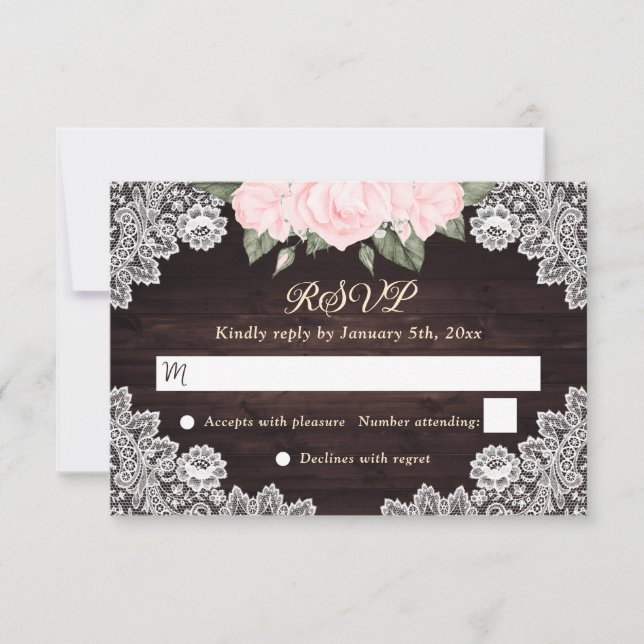 Rustic Blush Pink Floral Wood Lace Wedding RSVP Card (Front)