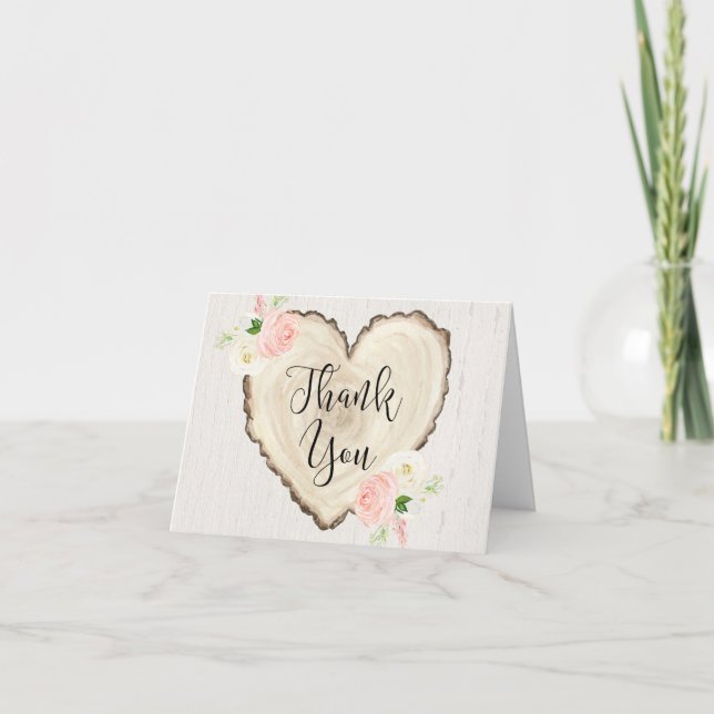 Rustic blush pink floral woodland hearts thank you card (Front)