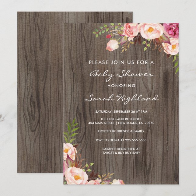 Rustic Blush Pink Flowers Baby Shower Invitation (Front/Back)