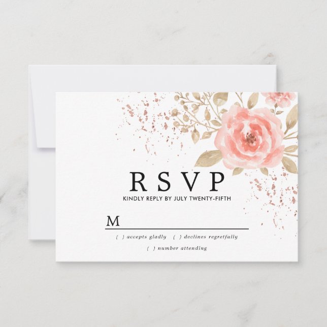 Rustic Blush Pink Gold  Floral Wedding RSVP (Front)