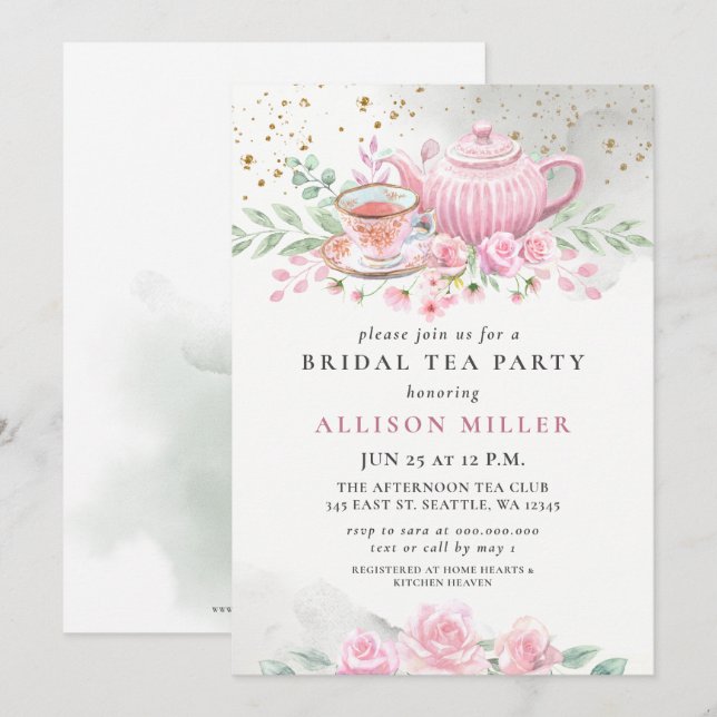 Rustic Blush Pink Gold Tea Party Bridal Shower  Invitation (Front/Back)
