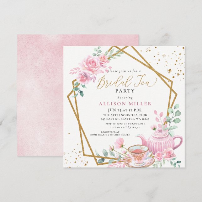 Rustic Blush Pink Gold Tea Party Bridal Shower  Invitation (Front/Back)