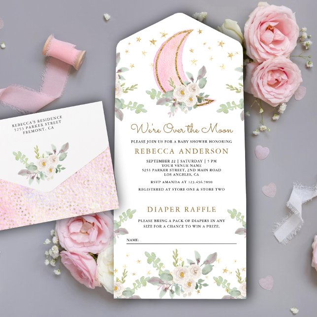 Rustic Blush Pink Ivory Floral Moon Baby Shower All In One Invitation (Creator Uploaded)