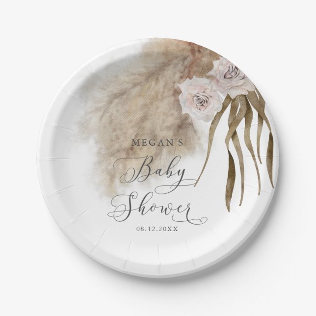 Rustic Blush Pink Pampas Grass Baby Shower Paper Plate (Front)