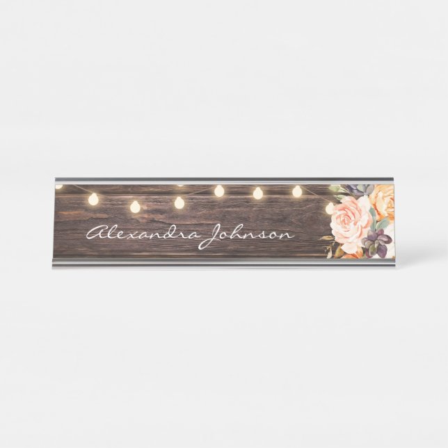 Rustic Blush Pink & Peach Floral Wood Lights Desk Name Plate (Front)