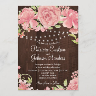 Rustic blush pink peonies and lights on barn wood invitation