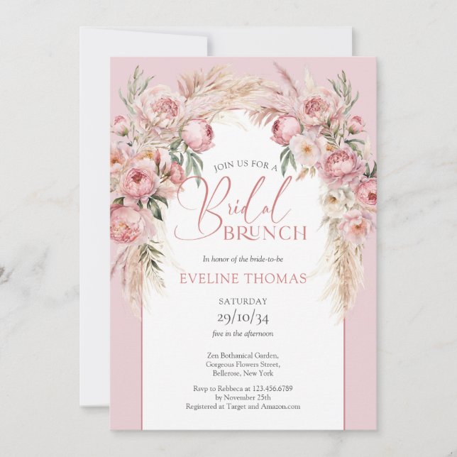 Rustic Blush pink peonies pampas Bridal brunch Invitation (Front)