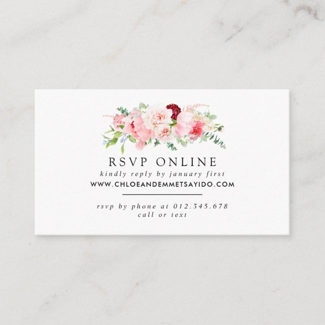 Rustic Blush Pink Peony Wedding Website RSVP Enclosure Card (Front)