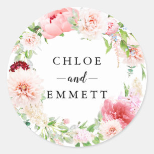 Rustic Blush Pink Peony Wreath Wedding Favour Classic Round Sticker