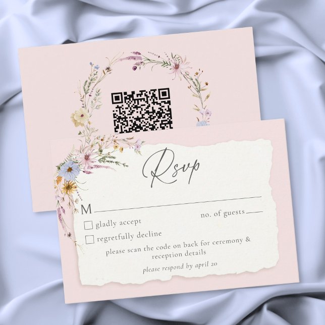 Rustic Blush Pink Romantic Wildflower Wedding QR RSVP Card (Rustic Blush Pink Romantic Wildflower Wedding QR RSVP Card)