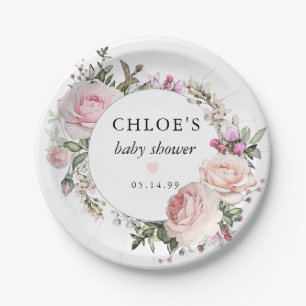 Rustic Blush Pink Rose Floral Baby Shower Paper Plate