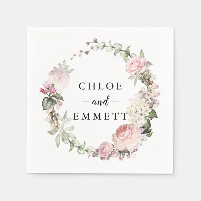 Rustic Blush Pink Rose Wreath Napkin (Front)