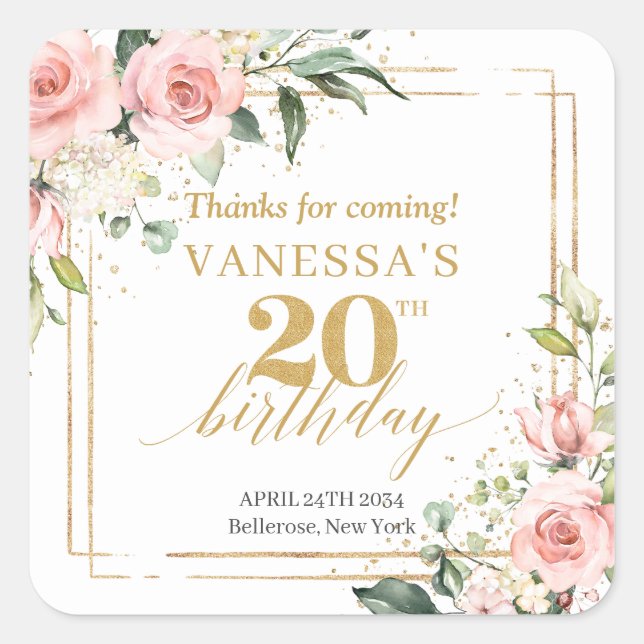 Rustic blush pink roses eucalyptus 20th birthday square sticker (Front)
