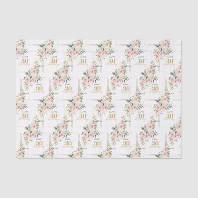 Rustic blush pink roses eucalyptus 30 birthday tissue paper (Front)