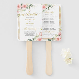Rustic blush pink roses eucalyptus gold program hand fan