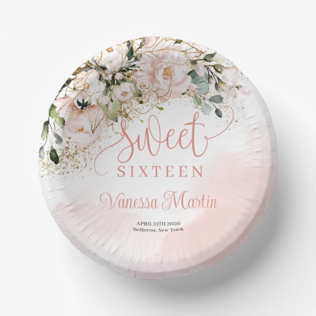 Rustic blush pink roses eucalyptus gold sweet 16 paper plate (Front)