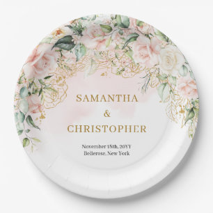 Rustic blush pink roses eucalyptus & gold wedding paper plate