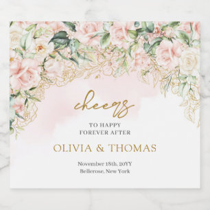 Rustic blush pink roses eucalyptus gold wedding sparkling wine label