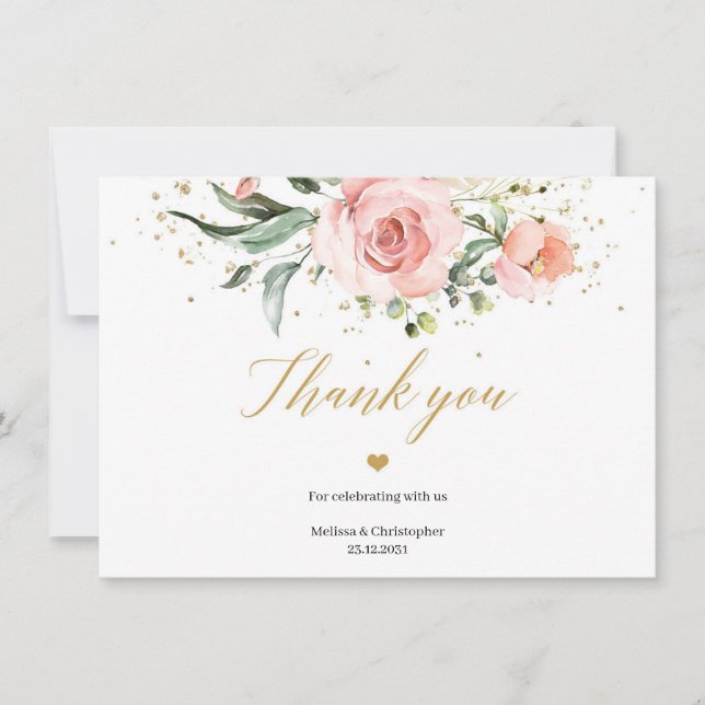 Rustic blush pink roses eucalyptus gold wedding thank you card (Front)