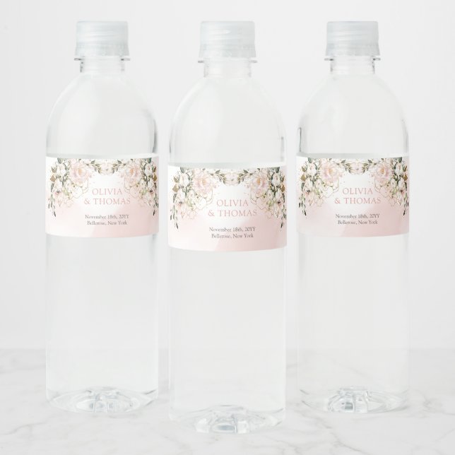 Rustic blush pink roses eucalyptus greenery gold water bottle label (Bottles)