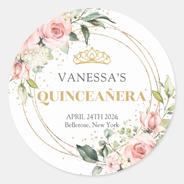 Rustic blush pink roses eucalyptus Quinceañera Classic Round Sticker (Front)