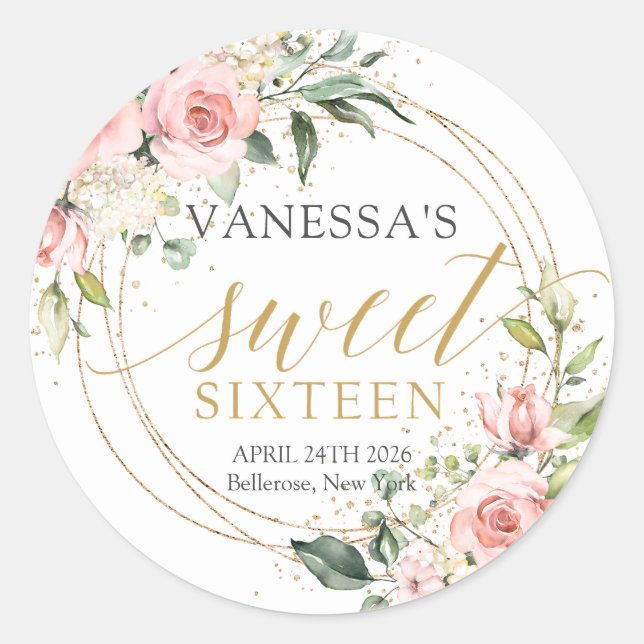 Rustic blush pink roses eucalyptus sweet sixteen classic round sticker (Front)