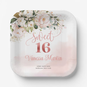 Rustic blush pink roses eucalyptus sweet sixteen paper plate