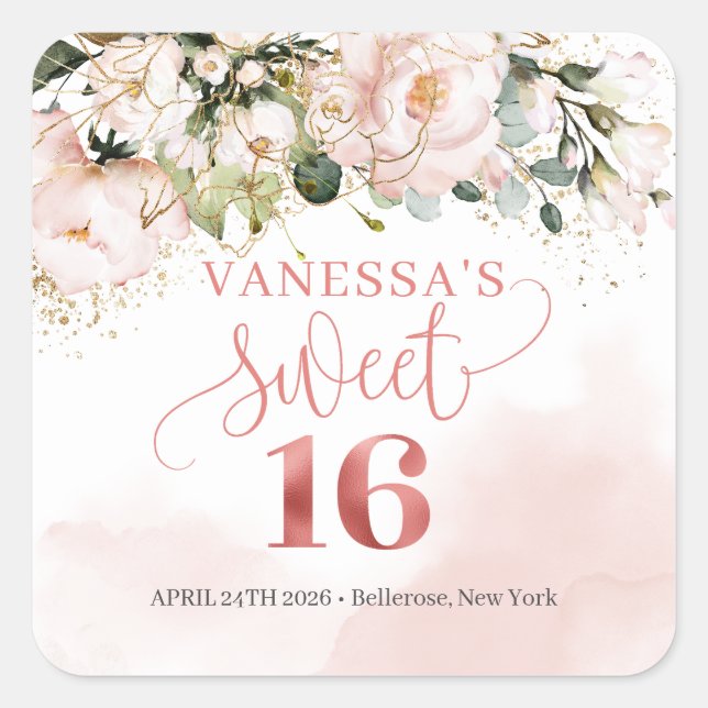 Rustic blush pink roses eucalyptus sweet sixteen square sticker (Front)