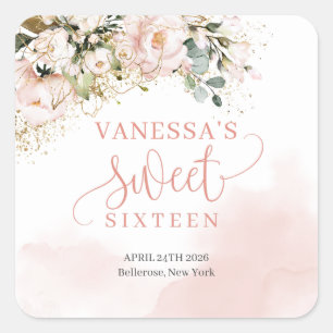Rustic blush pink roses eucalyptus sweet sixteen square sticker
