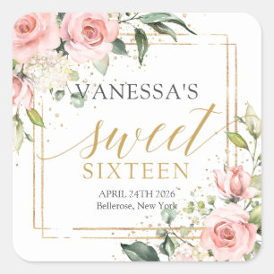 Rustic blush pink roses eucalyptus sweet sixteen square sticker