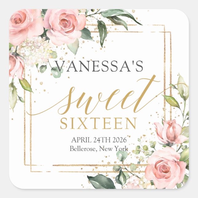 Rustic blush pink roses eucalyptus sweet sixteen square sticker (Front)