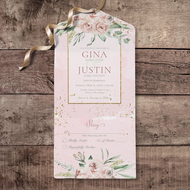 Rustic Blush Pink Roses Gold Accents No Dinner All In One Invitation (Rustic Blush Pink Roses Gold Accents All In One Wedding Invitation without Dinner Options)