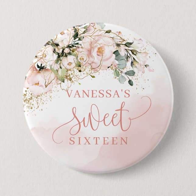 Rustic blush pink roses  greenery gold 16th b-day 7.5 cm round badge (Front)