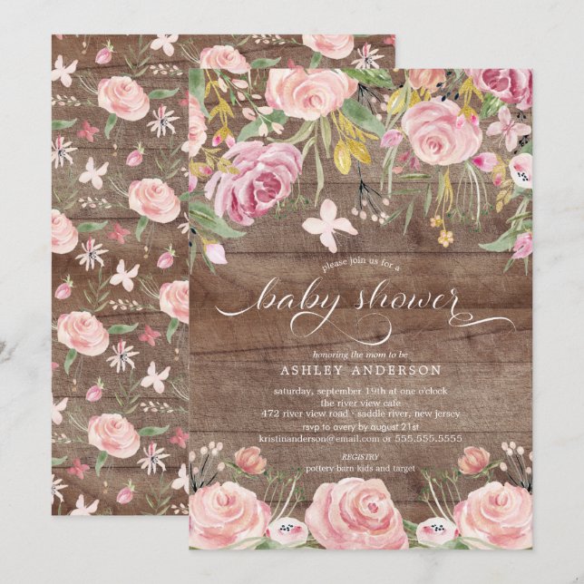 Rustic Blush Pink Watercolor Floral Baby Shower Invitation (Front/Back)