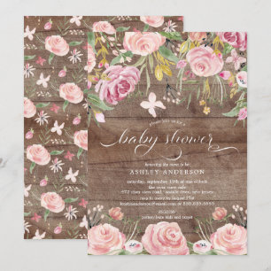 Rustic Blush Pink Watercolor Floral Baby Shower Invitation