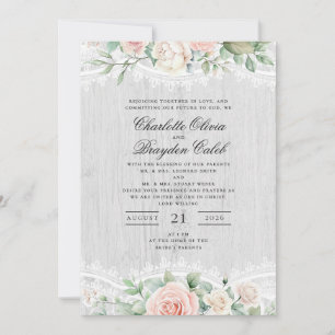 Rustic Blush Pink Watercolor Floral Lace Wedding Invitation