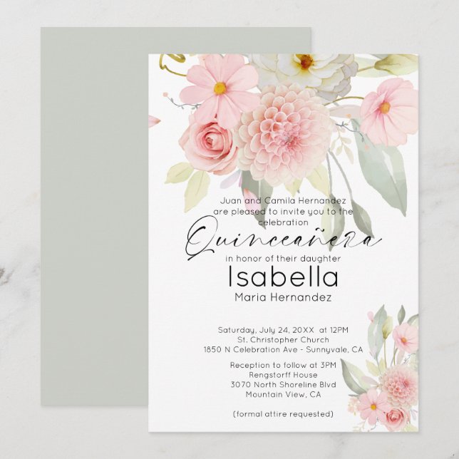 Rustic Blush Pink Watercolor Floral Quinceanera Invitation (Front/Back)