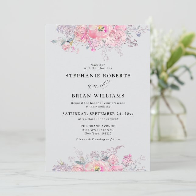 Rustic Blush Pink Watercolor Floral Wedding Invitation (Standing Front)