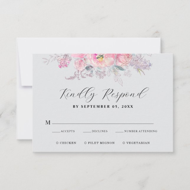 Rustic Blush Pink Watercolor Floral Wedding RSVP Card (Front)