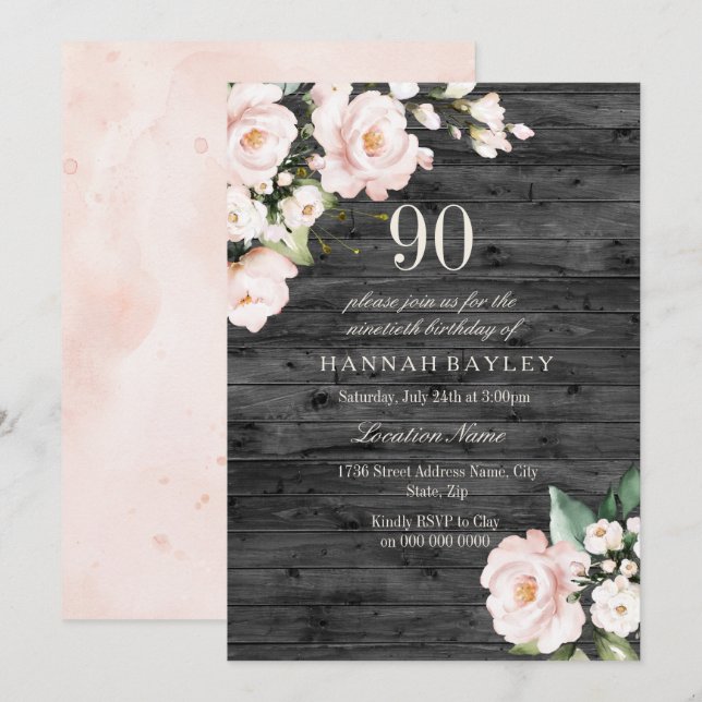 Rustic Blush Pink & White Floral 90th Birthday Invitation (Front/Back)