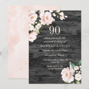 Rustic Blush Pink & White Floral 90th Birthday Invitation
