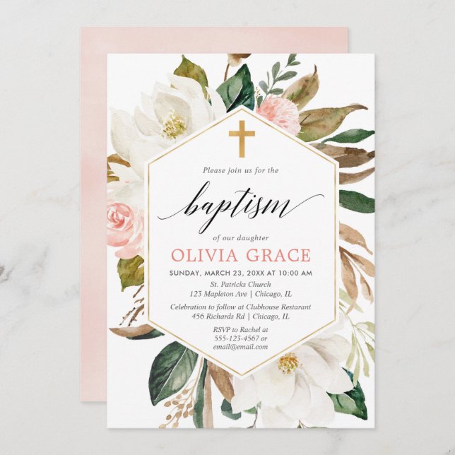 Rustic blush pink white floral girl baptism invitation (Front/Back)