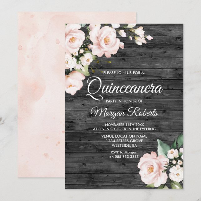 Rustic Blush Pink & White Floral Quinceanera Party Invitation (Front/Back)