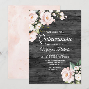 Rustic Blush Pink & White Floral Quinceanera Party Invitation