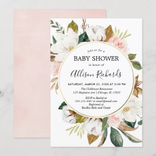 Rustic blush pink white magnolia floral girl invitation