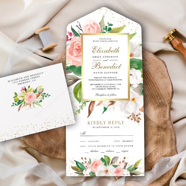 Rustic Blush Pink White Magnolia Floral Wedding All In One Invitation (Creator Uploaded)