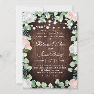 Rustic Blush Pink & White Roses Greenery Wedding Invitation