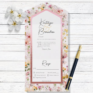 Rustic Blush Pink Wildflowers Dinner All In One Invitation