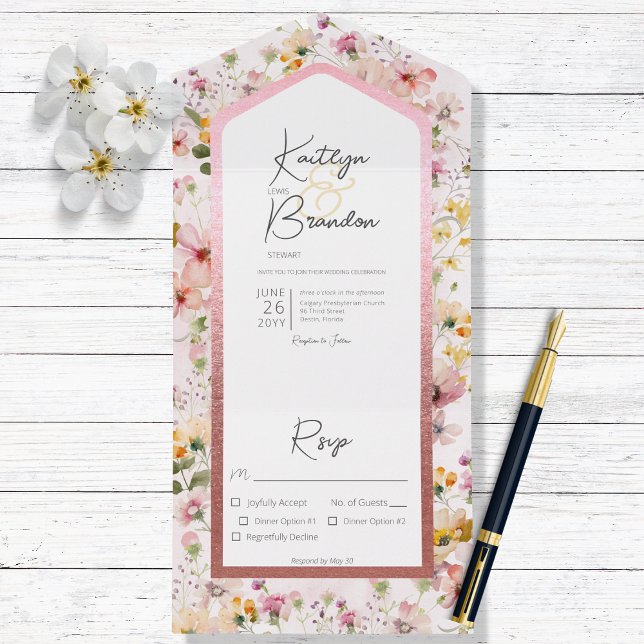 Rustic Blush Pink Wildflowers Dinner All In One Invitation (Creator Uploaded)